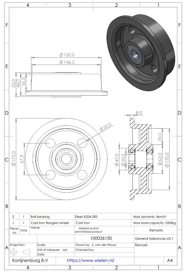 SPK 150K flanged track wheel, Ø 150mm, cast iron, 1000KG