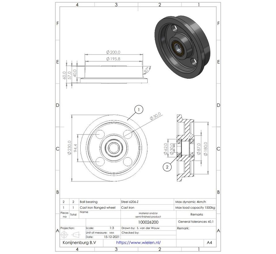 Flänsat bandhjul från gjutjärn, precisionskulalager, Hjul-Ø 200mm, 1500KG