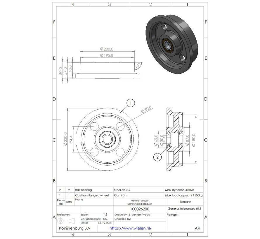 Flänshjul av gjutjärn, precisionskullager, hjul-Ø 200 mm, 1500 kg