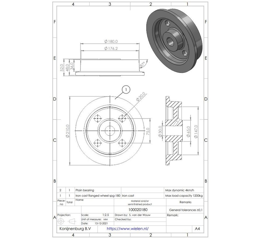 Roues à flasque en fonte, palier lisse, Ø roue 180mm, 1200KG