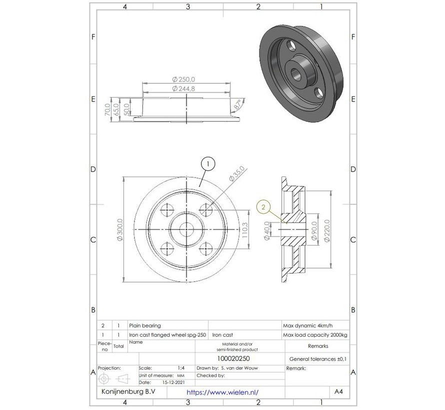 SPK 250G Single flanged wheel, Ø 250mm, cast iron, 2000KG
