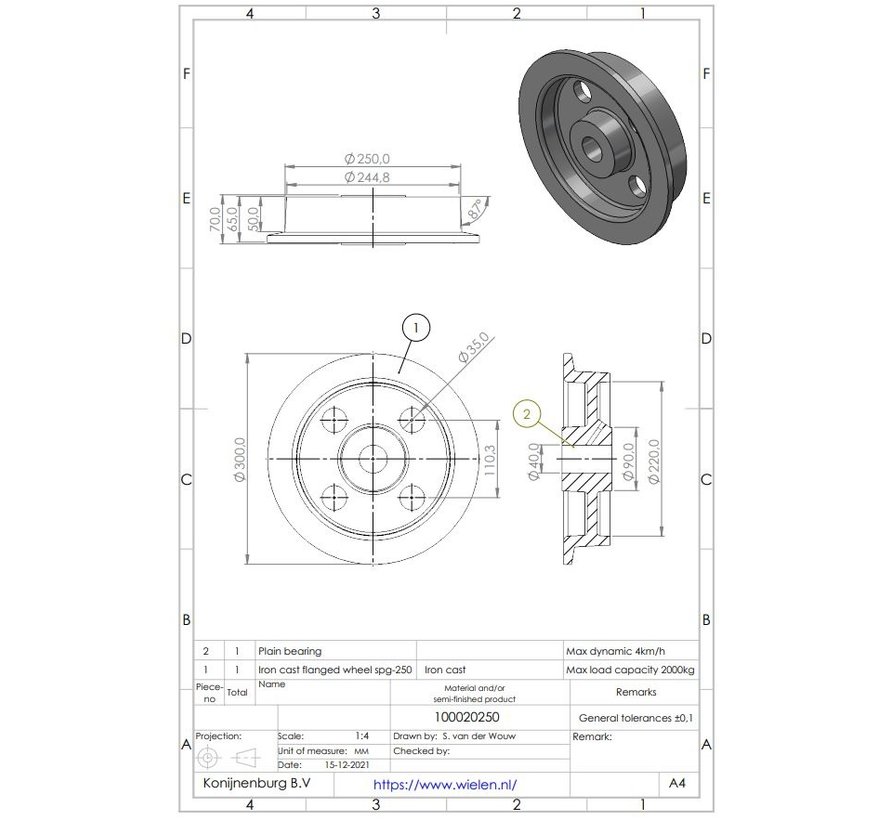 Spurkranzlaufrad aus Gusseisen, gleitgelagert, Rad-Ø 250mm, 2000KG