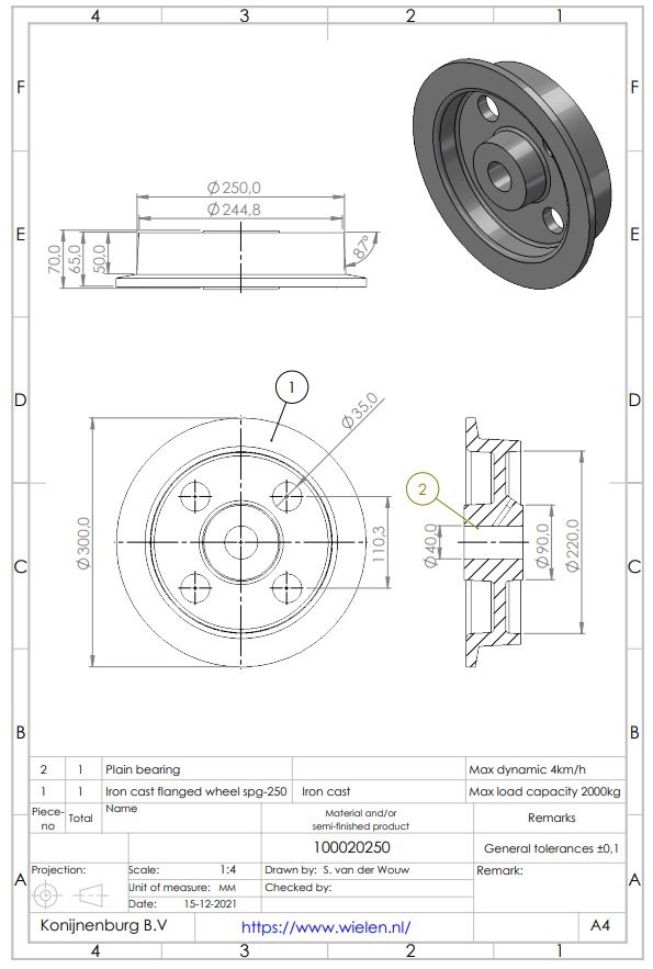 SPK 250G Single flanged wheel, Ø 250mm, cast iron, 2000KG