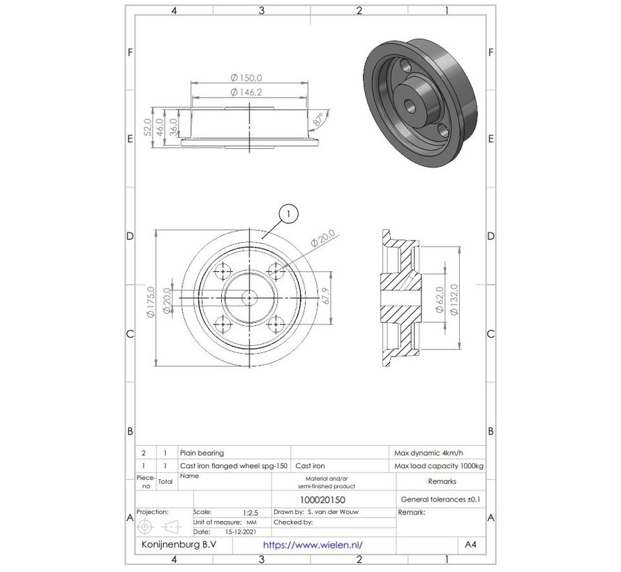 Koło kołnierzowe z żeliwa, łożysko ślizgowe, Koło-Ø 150mm, 1000KG