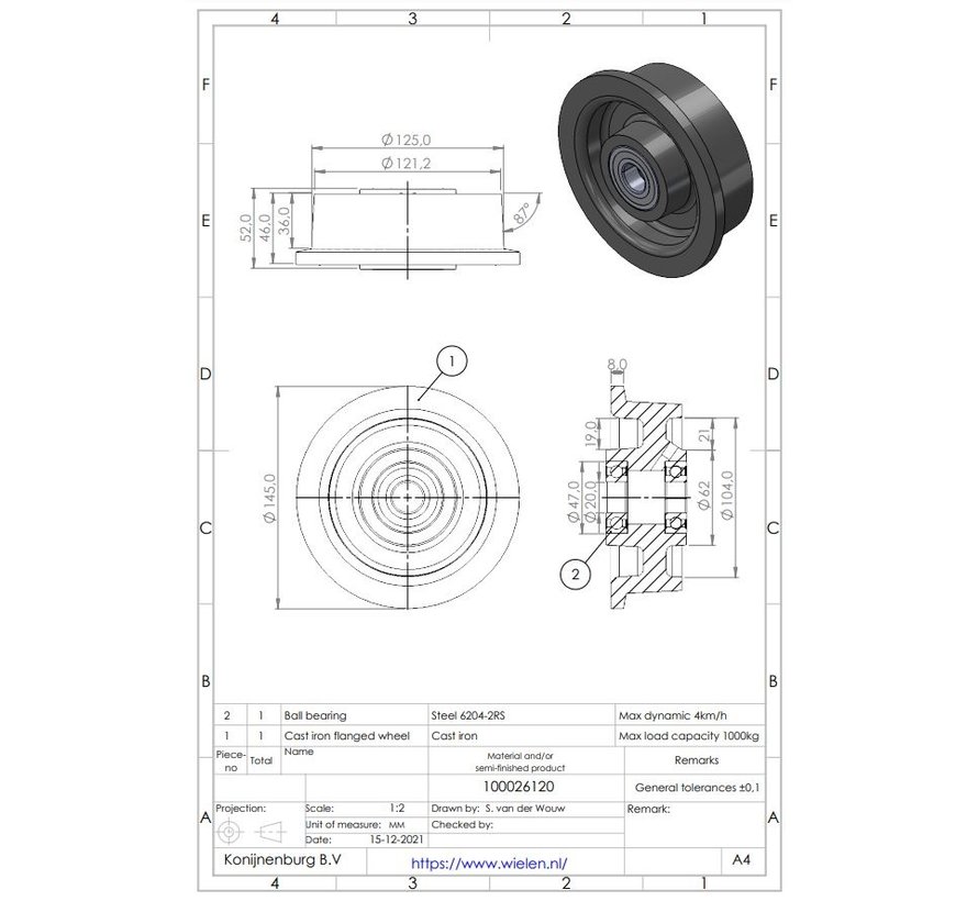 Roda flangeada de ferro fundido com dois rolamentos de esferas. Roda-Ø 125mm, 1000KG