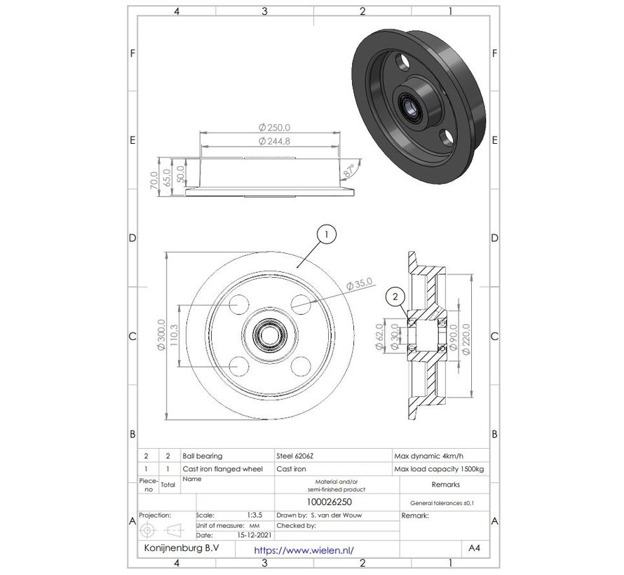 Laufrollen und Spurkranzräder aus Guss, Präzisionskugellager, Rad-Ø 250mm, 2000KG