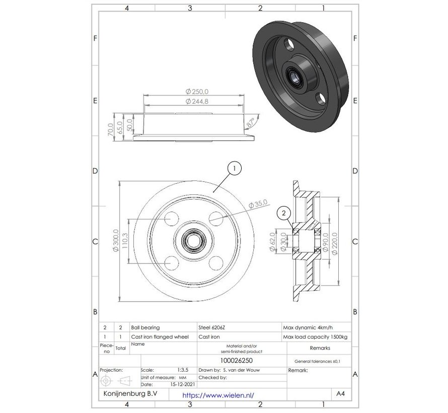 Rolos de esteira e rodas flangeadas de ferro fundido, rolamento de esferas de precisão, Roda-Ø 250mm, 2000KG