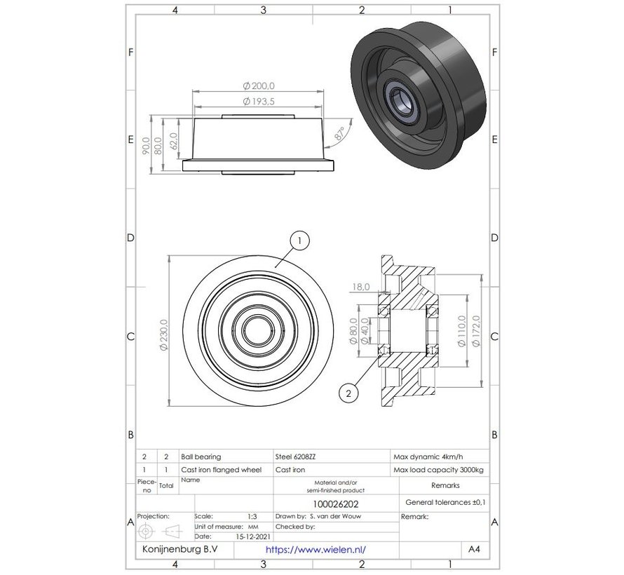 Flanged track wheel from cast iron, precision ball bearing, Wheel-Ø 200mm, 3000KG