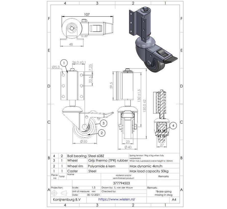 Gate castor / ladder wheel with brake, ladder castor, s,rubber gray non-marking, ball bearing, Wheel-Ø 50mm