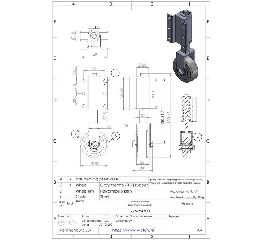 ladder wheel, thermoplastic rubber gray non-marking, Wheel-Ø 50mm, 50KG