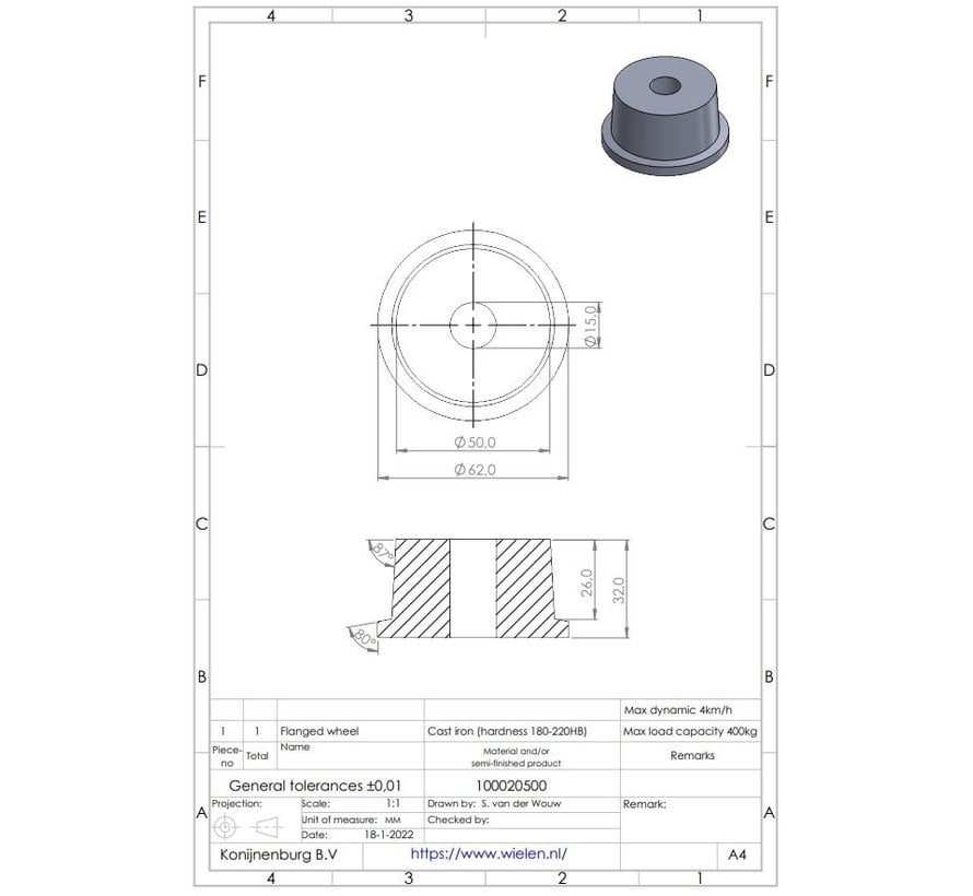 Rolki i koła gąsienic: Koło kołnierzowe z żeliwa, łożysko ślizgowe, Koło-Ø 50mm, 400KG