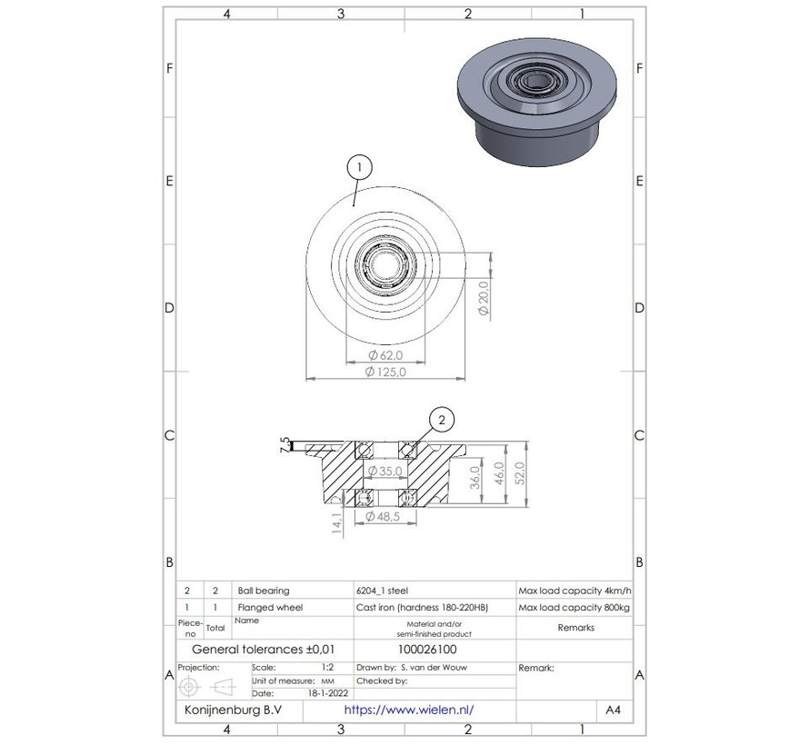 Roda flangeada / rolete de ferro fundido e rolamento de esferas duplo, Roda-Ø 100mm, 1000KG