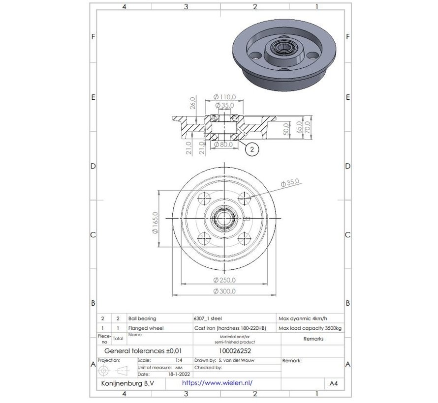 Flänsad hjul från gjutjärn, precision kullager, Hjul-Ø 250mm, 3000KG