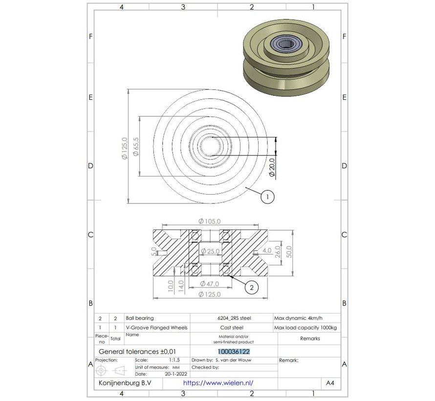 Roda com ranhura em V para serviço pesado em aço fundido, rolamento de esferas de precisão, Roda-Ø 125mm, 1000KG