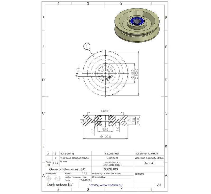 Rueda ranurada Rueda de oruga para carga pesada fundición de acero, cojinete de bolas de precisión, Rueda-Ø 100mm, 300KG