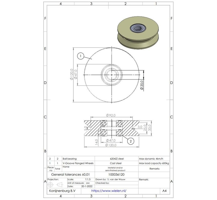 Industrial V-Groove Wheel Ø120x33/25mm, Solid Cast Steel Construction, Precision Ball Bearing, CNC-Machined V-Groove – 600kg Load Capacity