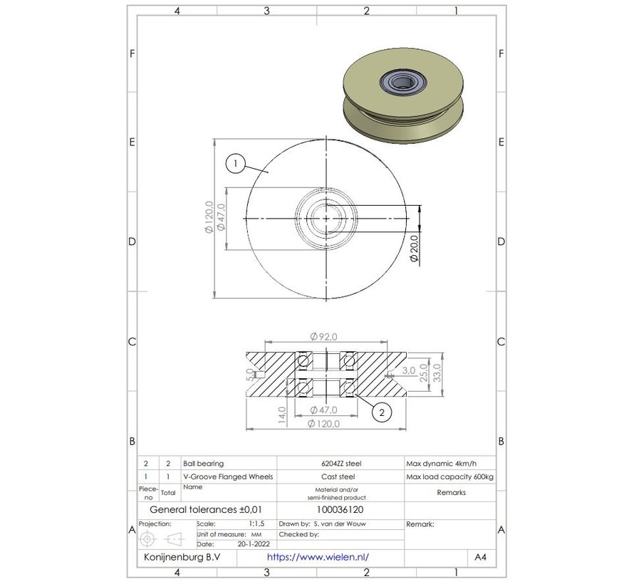 V groove wheel from Solid steel, precision ball bearing, Wheel-Ø 120mm, 600KG
