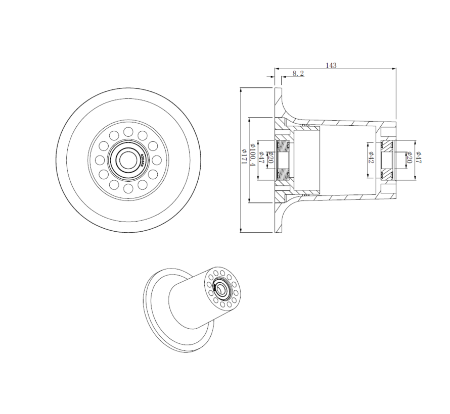 Rolo de flange POM 163 mm de diâmetro para eixo 20 mm para vagões de colheita no sistema de trilho tubular também chamado de "rolo trompete Konijnenburg"