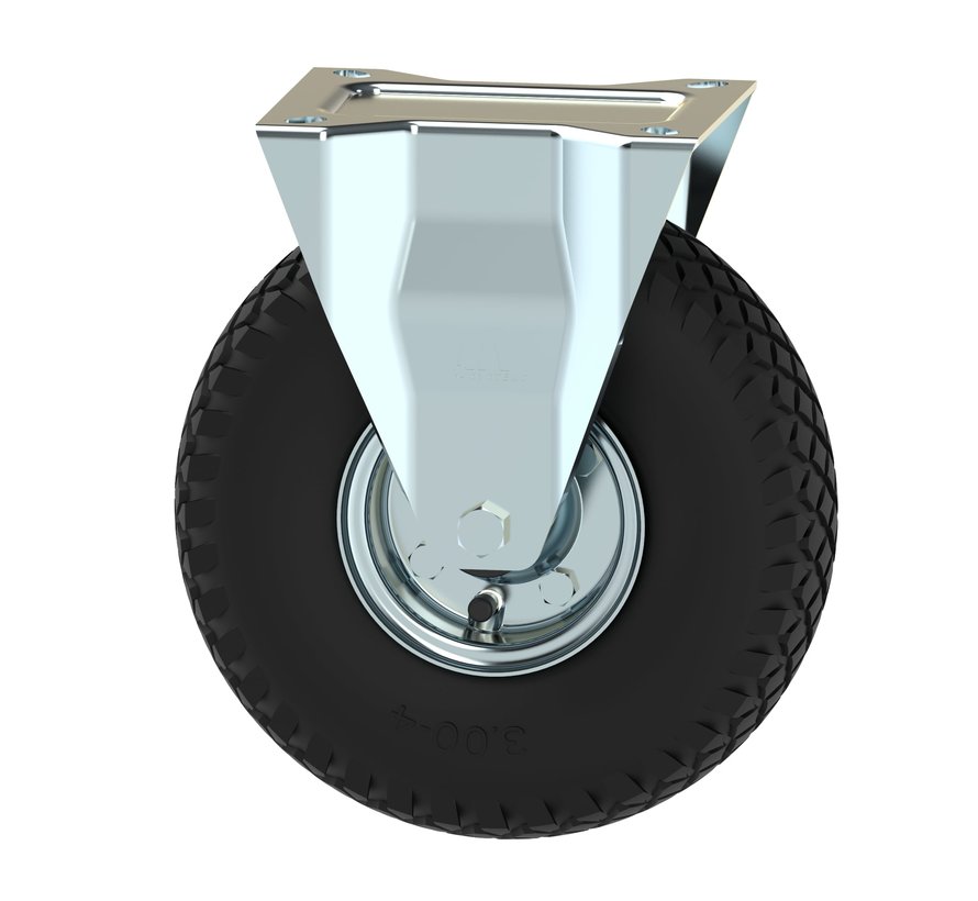 Industrial Fixed castor from pressed steel, plate fitting, pneumatic tyre block profile, roller bearing, Wheel-Ø 260mm, 150KG