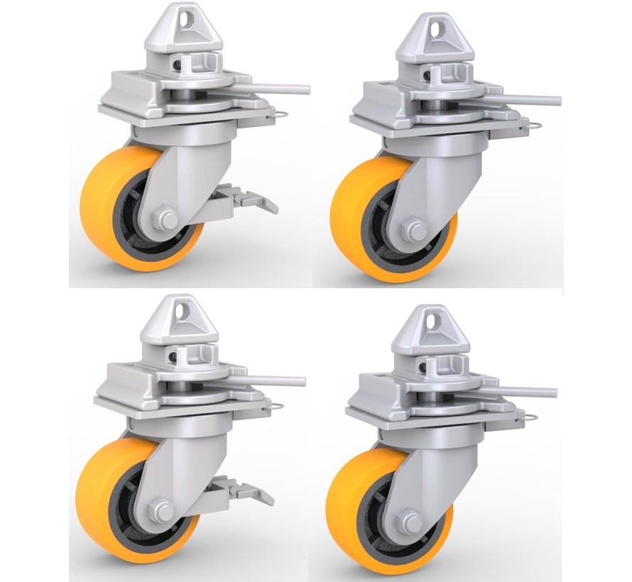 4 x roues pivotantes avec mécanismes de verrouillage qui s'adaptent facilement aux coins moulés des conteneurs d'expédition intermodaux standard.