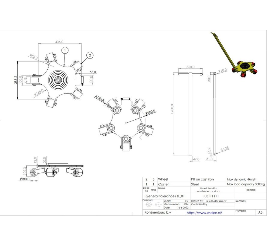 Heavy duty skate with towbar for manual handling 3 kilotonnes objects