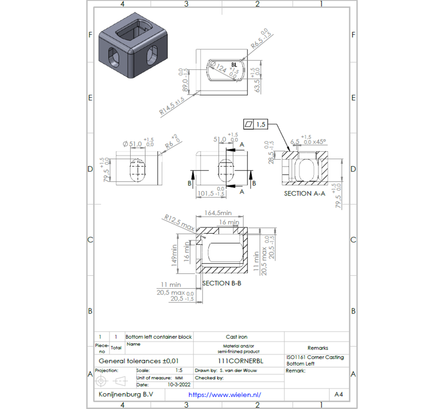 Corner Castings ISO 1161 for  twist lock BOTTOM LEFT