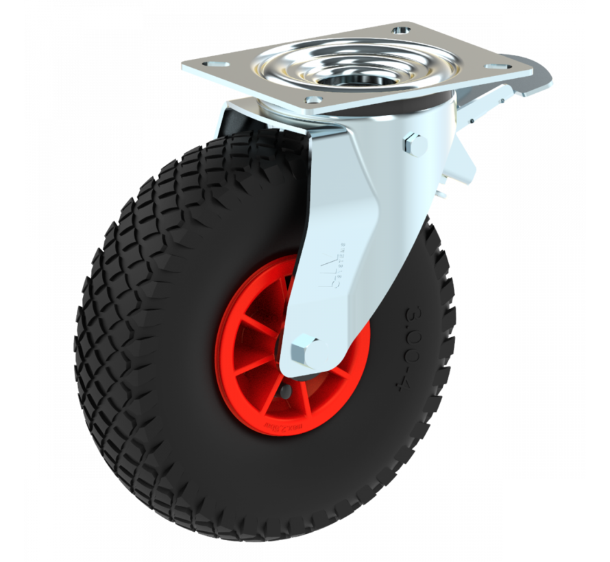 Rodízio giratório com freio de aço estampado, encaixe de placa, perfil de bloco pneumático, rolamento liso, Roda-Ø 260mm, 150KG