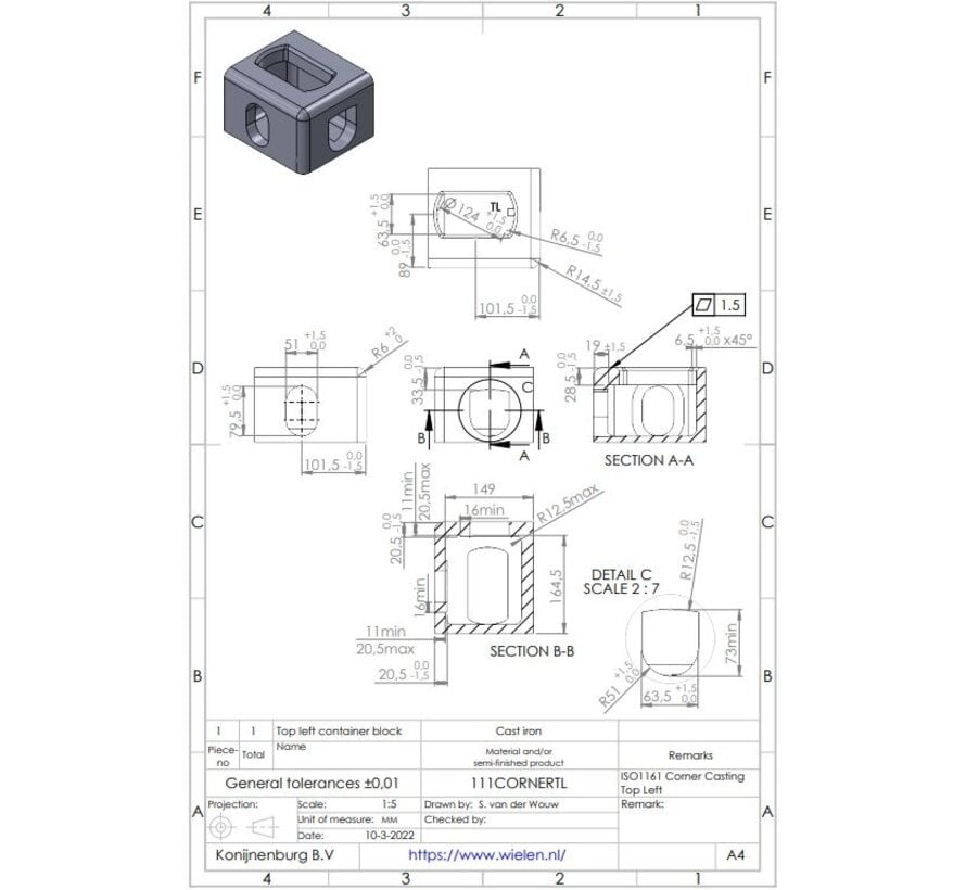 Corner Castings ISO 1161 for  twist lock TOP LEFT