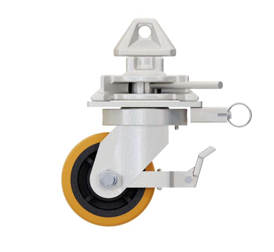 4 x roues pivotantes avec mécanismes de verrouillage qui s'adaptent facilement aux coins moulés des conteneurs d'expédition intermodaux standard.