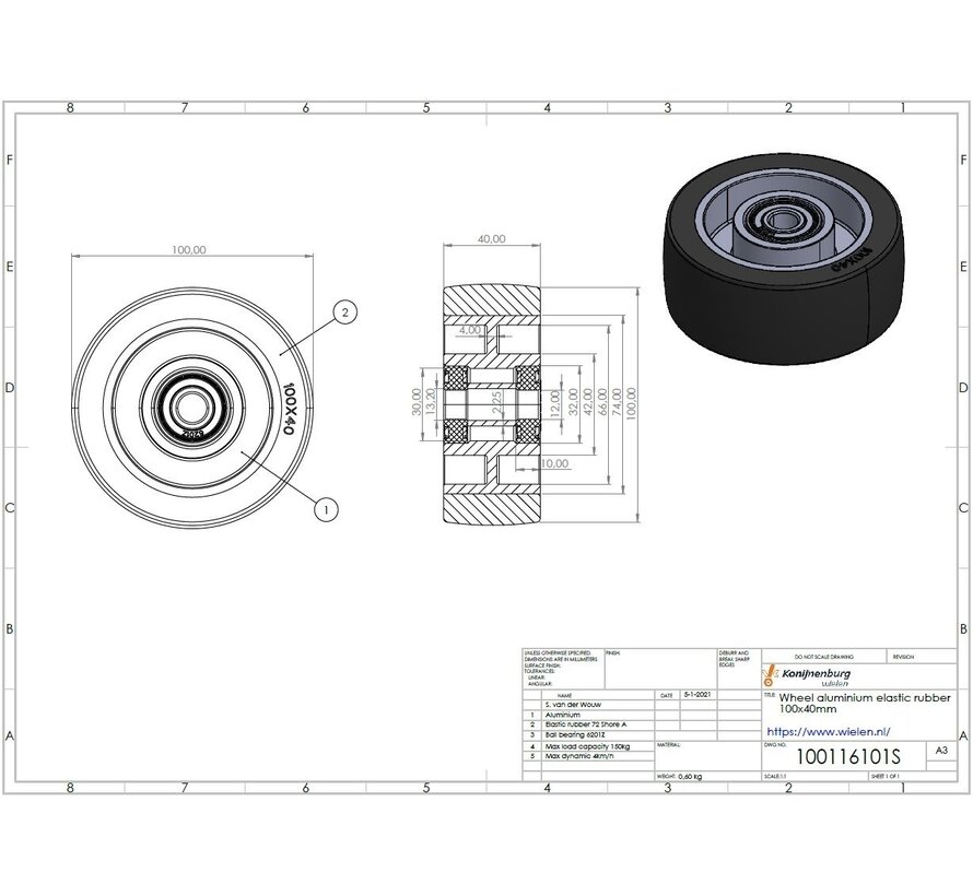wheel Ø 100 x 40 mm, elastic rubber tyre, 160KG