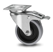 länkhjul med broms, Ø 75 mm, grå icke-märkande termoplastisk gummidäck, 60KG