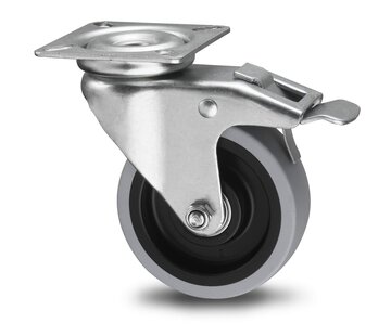roulette pivotante avec frein, Ø 75 mm, bandage caoutchouc thermoplastique gris non marquant, 60KG
