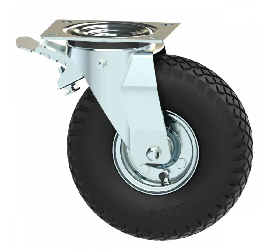 Roulette pivotante avec frein de acier embouti, Fixation à platine, Profil bloc pneumatique, roulement à rouleaux, Roue-Ø 260mm, 150KG