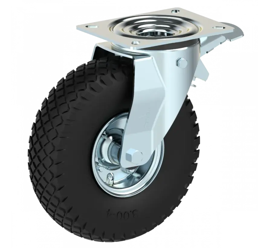 Rodízio giratório com travão de aço estampado, encaixe de placa, perfil de bloco de pneu pneumático, rolamento de rolos, Roda-Ø 260mm, 150KG