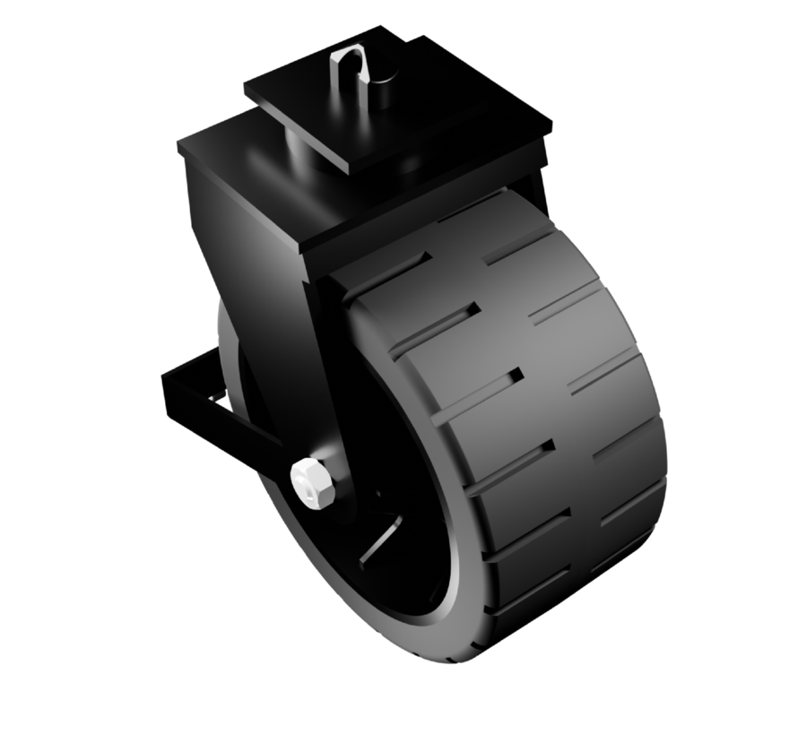 Rueda resistente para contenedores de transporte con cierre giratorio mejorado.