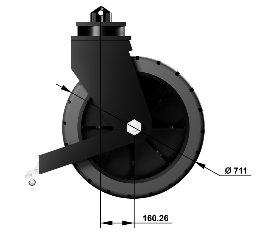 Kraftigt hjul för fraktcontainrar med förbättrad vridlåsning.