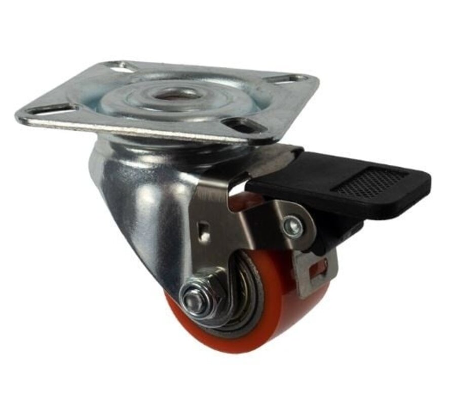 swivel castor with plate fitting and brake, Ø 35 mm, vulcanised polyurethane tyre, 100KG