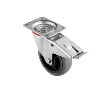 länkhjul med broms, Ø 160, grå icke-märkande termoplastiskt gummihjul, 200KG