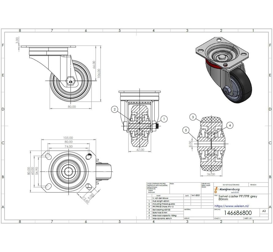 roulette pivotante, Ø 80, bandage caoutchouc thermoplastique gris non marquant, 100KG