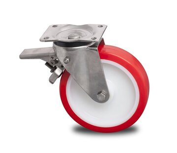 Ruota girevole in acciaio inox con freno, Ø125, poliuretano stampato a iniezione, 300 kg.