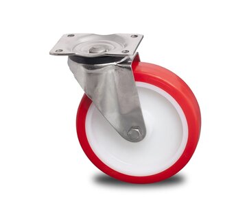 Roulette pivotante en acier inoxydable, Ø125, polyuréthane injecté, 300kg.