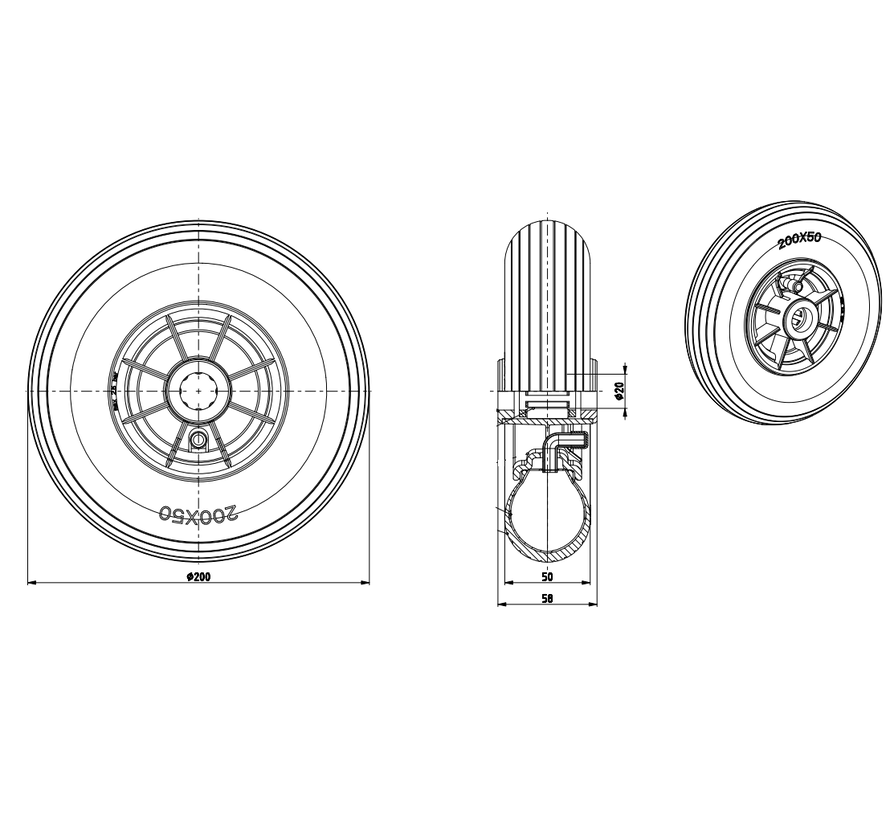 wheel, Ø 200 mm, pneumatic tyre with line profile, 60KG