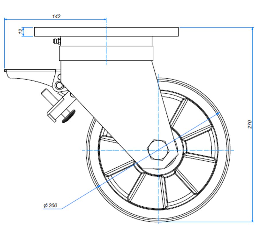 rodízio giratório com travão, Ø 200mm, nylon (PA6), 1600KG