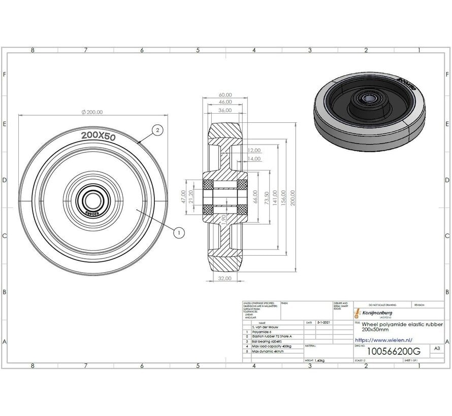 Hjul, Ø 200mm, vulkaniserat grått elastiskt gummidäck 400KG