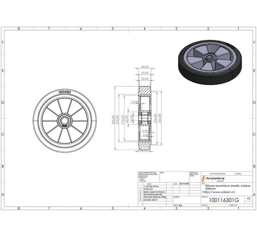 Roue, Ø 300mm, bandage caoutchouc élastique, 750KG