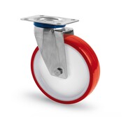 AISI 316 stainless steel swivel castor, plate fitting, polyurethane wheel, sliding bearing, Wheel-Ø 80mm, 150KG