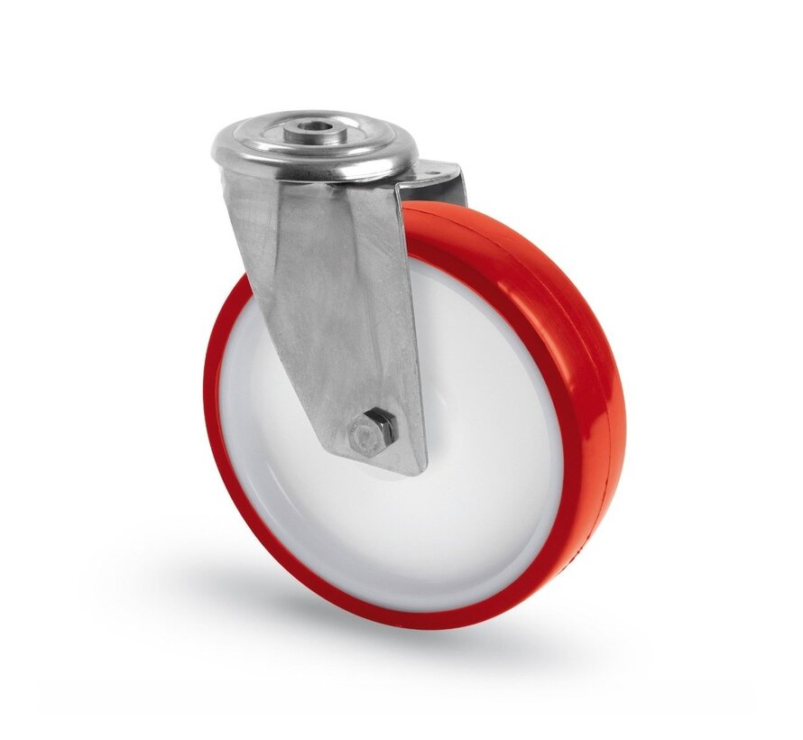 Roulette pivotante en acier inoxydable AISI 316, fixation par trou de boulon, roue en polyuréthane, palier lisse, Ø de roue 100mm, 150KG