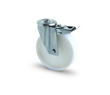 Rodízio giratório em aço inoxidável AISI 316 com travão, encaixe de furo de parafuso, roda de nylon completa, rolamento deslizante, roda-Ø 100mm, 150KG