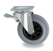 swivel castor with brake for waste bin, Ø 200mm, grey standard rubber tyre, 230KG