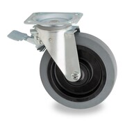 swivel castor with brake for waste bin, Ø 200 mm, grey elasticated rubber tyre, 400KG